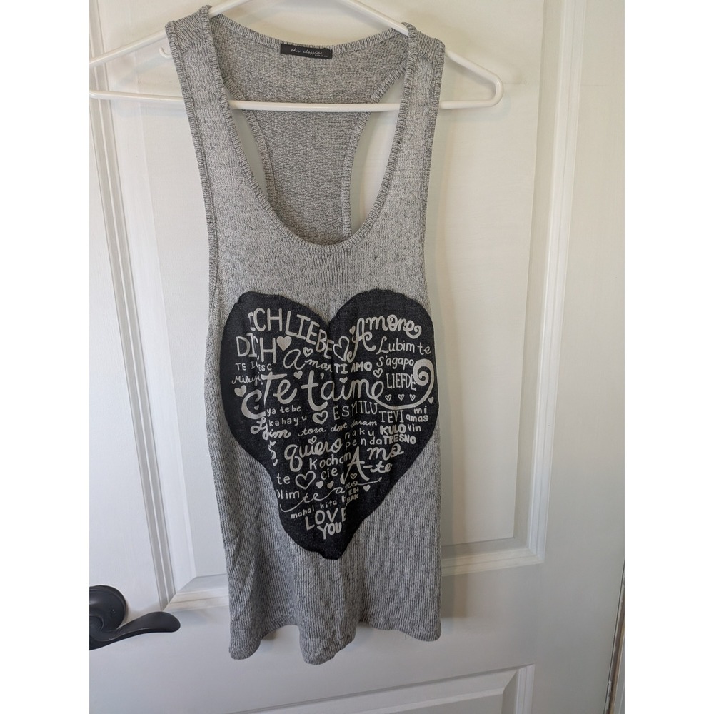 The Classic Womens Heather Grey Multilingual Heart Graphic Racerback Tank Top